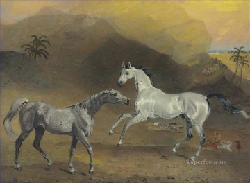 動物 Painting - 山の動物たちと遊ぶ野生の馬